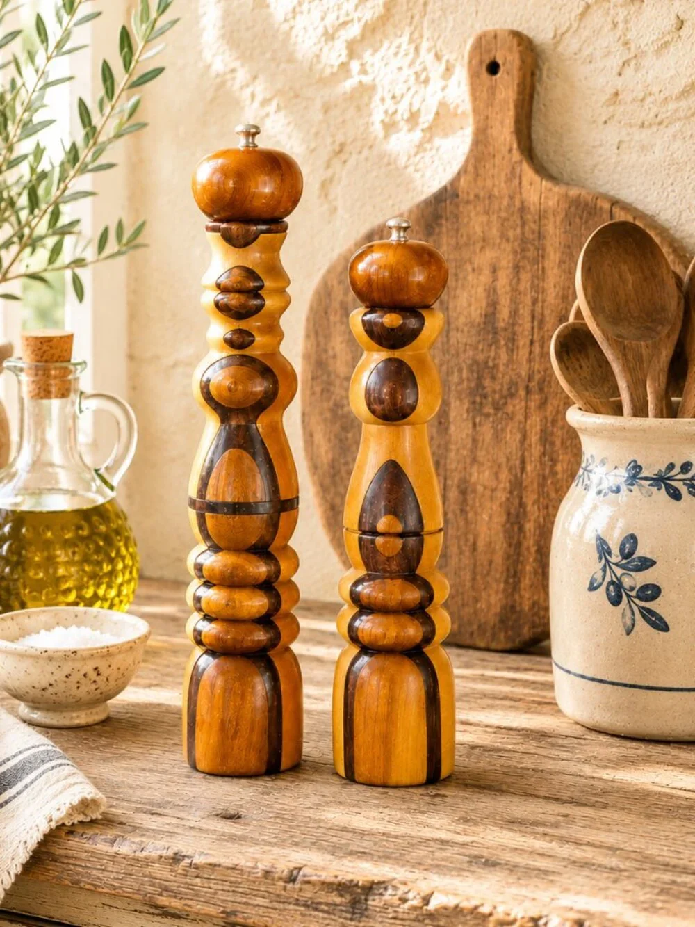 Rare Vintage Signed Sculptural Handcrafted Artisan Wood Salt & Pepper Mill Set